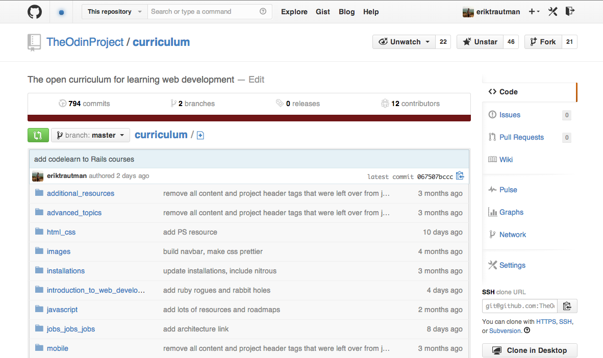 The Odin Project curriculum on Github